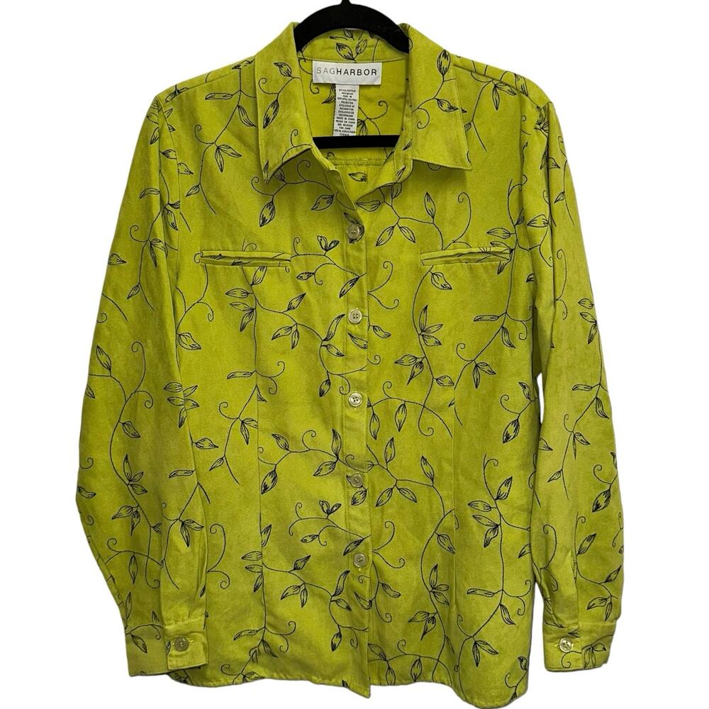 Sag Harbor Faux Suede Blouse Womens 16 Green Button Back Career Top